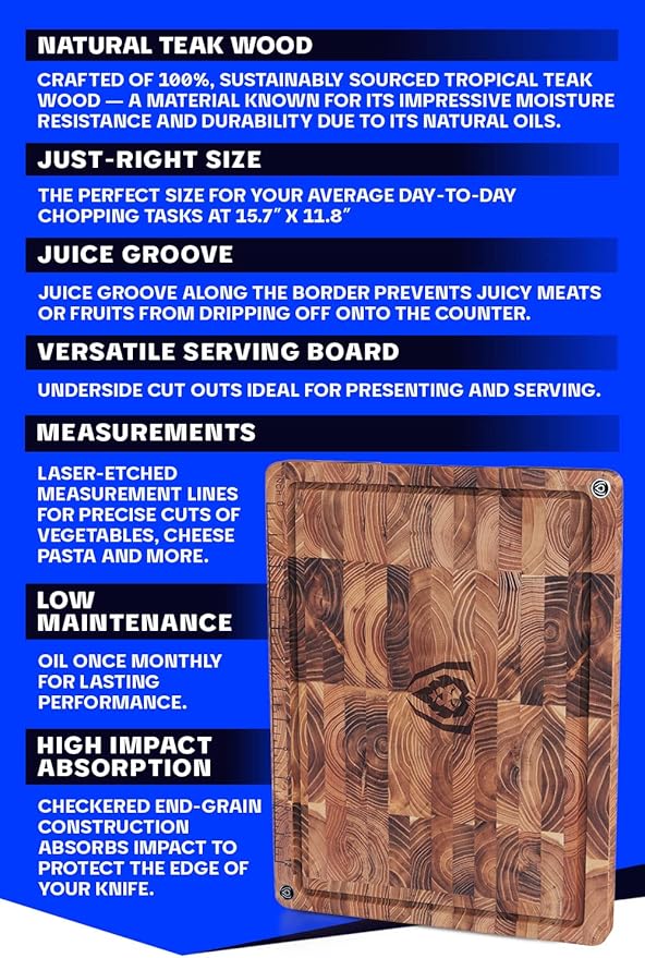 Dalstrong Teak Wood Cutting Board - 15" x 12" Medium Size - Tight Wood Grain-Laser-Engraved Measurements & Juice Groove - Kitchen Chopping Board-Serving-Large Cutting Boards