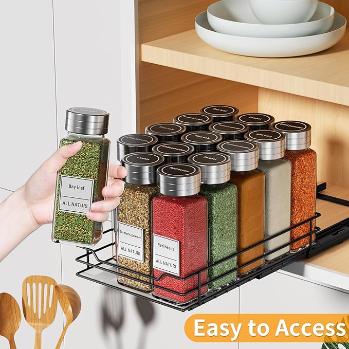 RCHYFEED Pull Out Spice Rack Organizer for Cabinet,Slide out Spice Organizer for Inside Cabinets,Heavy Duty Spice Organization for Kitchen and Pantry,Seasoning,Sauces(1-Tier,6.5" Wx10.5 Dx2.5 H)