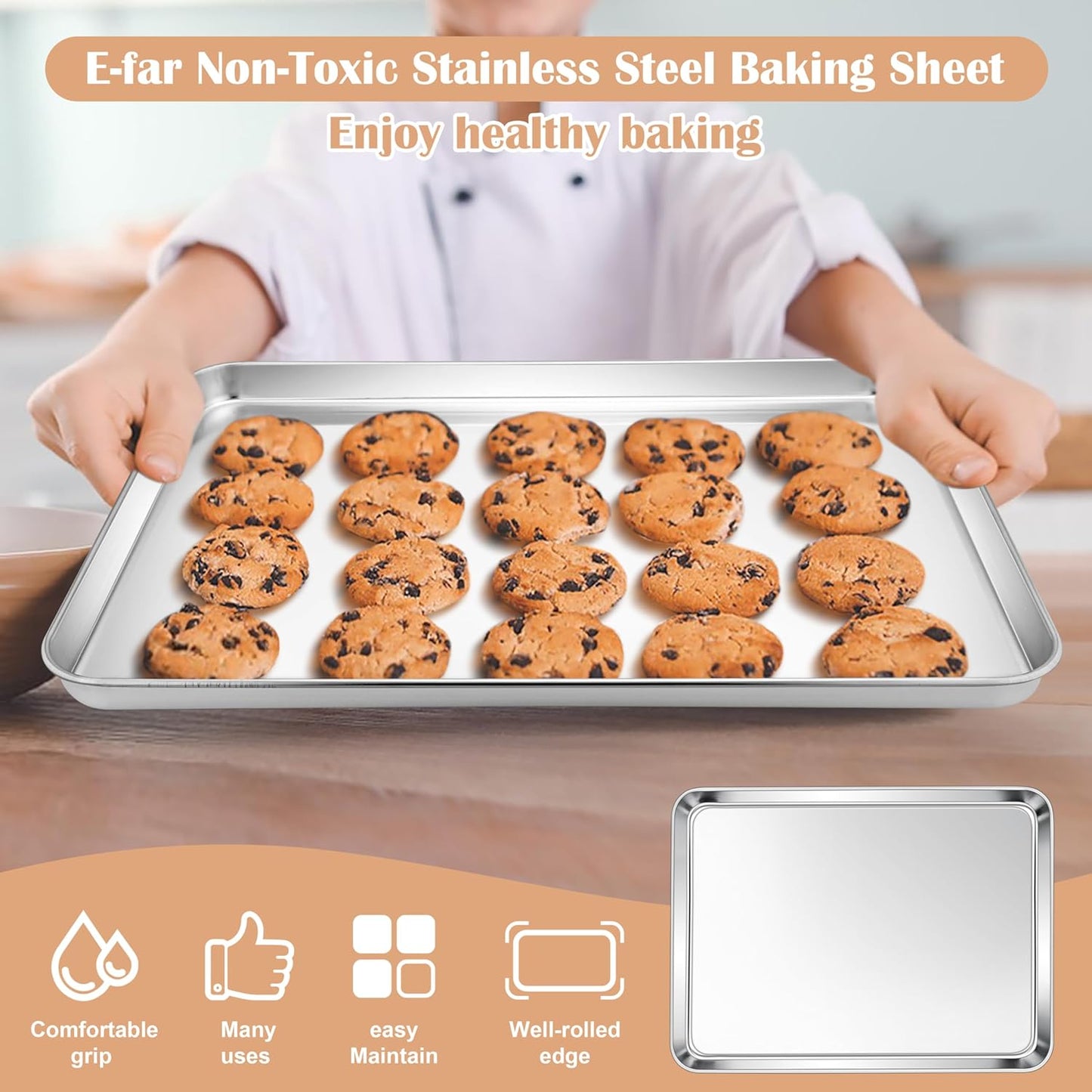 E-far Baking Sheets Set of 2, 16” x12” Stainless Steel Cookie Sheets Pans for Oven, Non-toxic Metal Trays for Baking Cake Cookie, Healthy & Rust Free, Mirror Finish & Dishwasher Safe