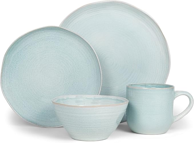 Elanze Designs Reactive Glaze Farmhouse Rustic Boho Ceramic Stoneware Dinnerware 16 Piece Plate Bowl Mug Dish Set - Service for 4, Ice Blue