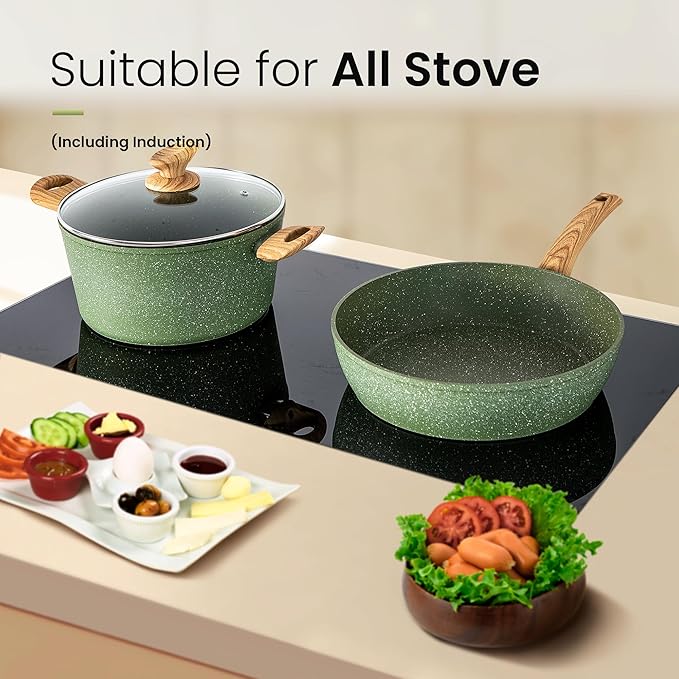 Kitchen Academy Pots and Pans Set Nonstick, 30 Pieces Induction Kitchen Cookware and Bakeware Sets, Green Granite Coating Cooking Pans Set