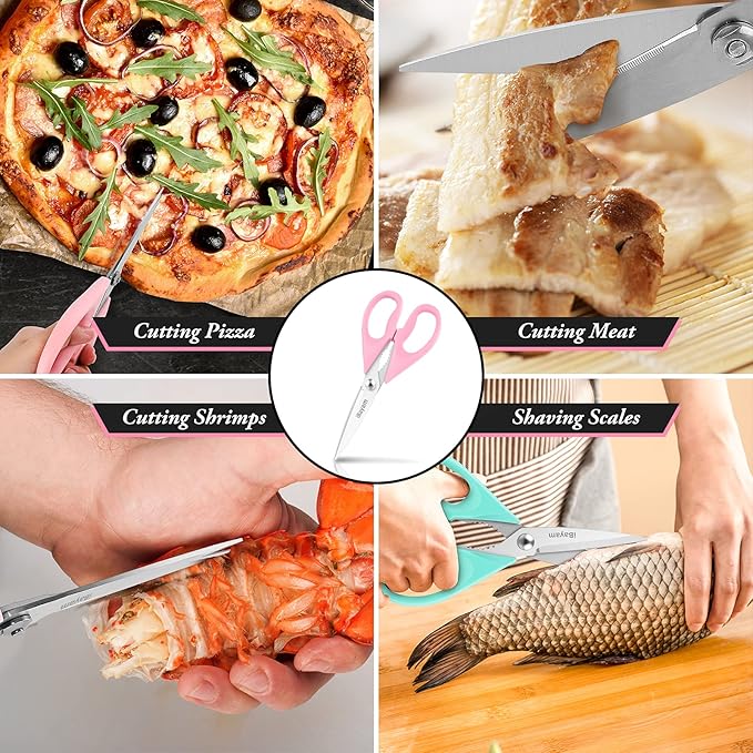 iBayam Kitchen Scissors - All Purpose Heavy Duty Meat Scissors, Poultry Shears, Dishwasher Safe, Stainless Steel, 2-Pack, Pastel Pink, Mint Blue