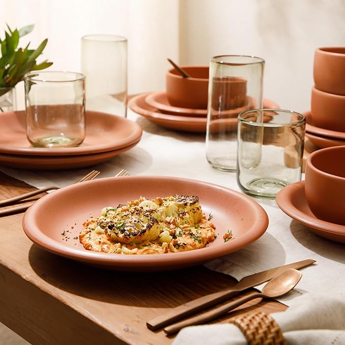 Bloomhouse - Two Time Oprah's Favorite Things Winner - Corsica Clay 12-Piece Stoneware Rustic Reactive Glaze Dinnerware Set - Stackable Plates Bowls Set Service for 4 - Matte Burnt Apricot Terracotta