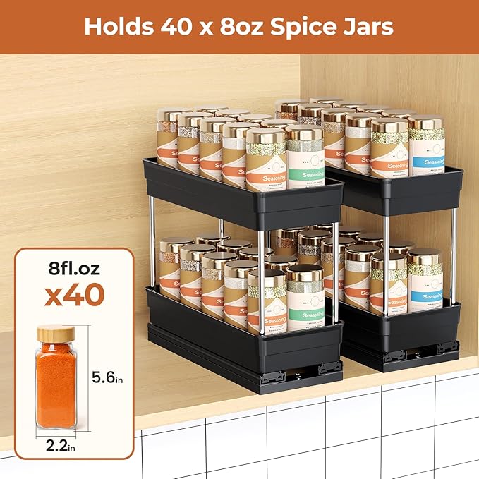 Pull Out Spice Rack Organizer for Cabinet, Slide Out Spice Racks Organizer, Easy to Install Spice Cabinet Organizers, 4.3''Wx10.6''Dx8.7''H, 2 Pack-2 Tier(Black)
