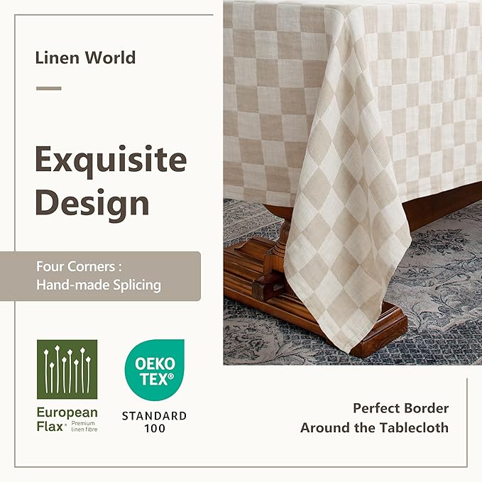 Linen World 100% Linen Gingham Tablecloth,55x55Inch Square Buffalo Check Table Cloth,Tablecover for Wedding,Dining,Decorative Fall Halloween Christmas Thanksgiving Tablecloth