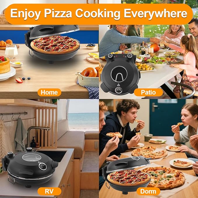 Pizza Oven Indoor, 12 Inch Retro Pizza Maker, Rapid Heating 800˚F, 1200W Glazed Ceramic Stone Electric Pizza Cooker, Two-button Precise Temperature Control, Viewing Window for Precise Cooking
