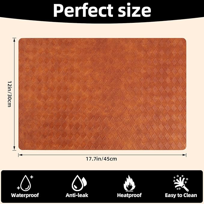 Vinyl Placemats Set of 6-12×17.7 Inch Waterproof & Heattable Placemats, Fall Faux Leather Wipeable Outdoor Table Mat for Dining, Kitchen, Indoor Outdoor Use (Caramel brown, Diamond pattern)