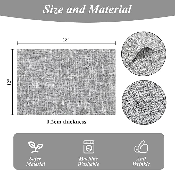 SHACOS Fabric Placemats Set of 6 Washable Heat Resistant Place Mats Non Slip Thick Cloth Placemats Reversible Table Mats Indoor Outdoor Home Wedding Table Decor, Light Grey White