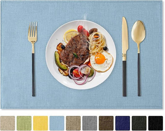 Romanstile Cloth Placemats Set of 6-12 x 18 Inch, Heat Resistant Double Layered Thickened Burlap Place Mats, Washable Faux Linen Farmhouse Table Mats for Kitchen/Dining/Party/Outdoor, Blue