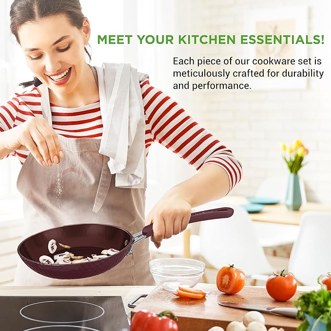 NutriChef Nonstick Cookware Excilon Home Kitchen Ware Pots & Pan Set with Saucepan Frying Pans, Cooking Pots, Lids, Utensil PTFE/PFOA/PFOS free, 11 Pcs, Purple Diamond, One size