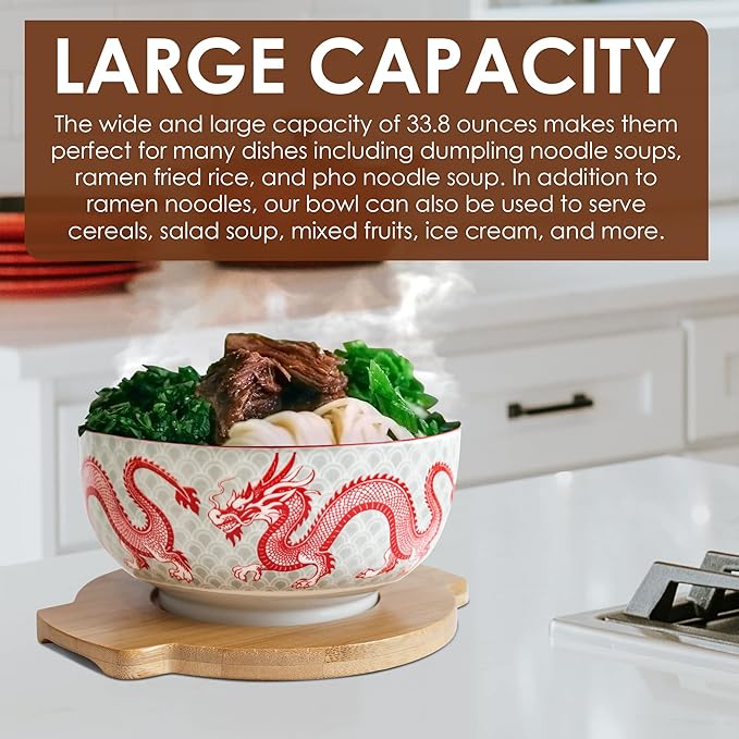 XWORLD Japanese Ceramic Ramen Noodle Bowls Set with Ceramic Spoon, Bamboo Chopsticks, Lid & Trivet, Serving Capacity of 33.8 OZ, Microwavable Oven Safety (3.3” x 6.6” D) (Red Dragon)