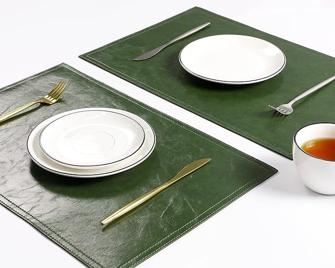 Waterproof PU Placemats, Faux Leather Dining Table Mat, Set of 4, Easy to Wipe Off Scrub Vinyl Mat, Heat & Stain Resistant for Office Conference Table, Home Decor G Loden