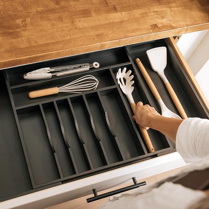 KitchenEdge Premium Silverware, Flatware and Utensil Organizer for Kitchen Drawers, Food-Safe Contract Grade, Expandable from 18 to 33 In, Black Bamboo