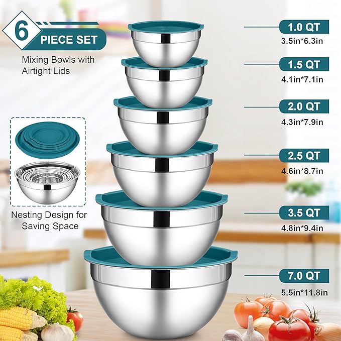 LIANYU 6 Piece Stainless Steel Mixing Bowls, Large 7, 3.5, 2.5, 2, 1.5, 1 QT Metal Bowls Set, Kitchen Nesting Bowls for Salad Cooking Prepping Food Storage, Dishwasher & Freezer Safe, Blue