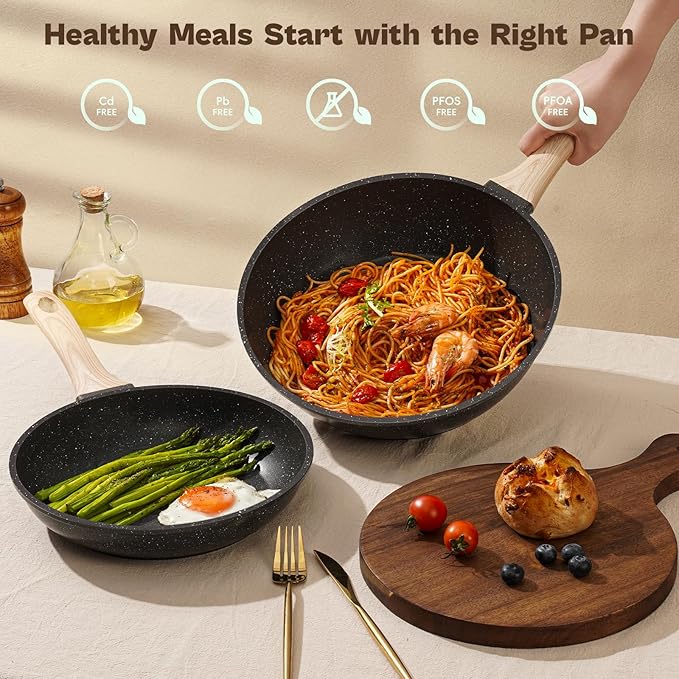 13 Pcs Pots and Pans Set, Nonstick Cookware Sets Black Granite Induction Cookware, Non-toxic Healthy Non stick Kitchen Cooking Set with Frying Pans Set, Saucepans (PFAS/PFOA/PFOS Free)