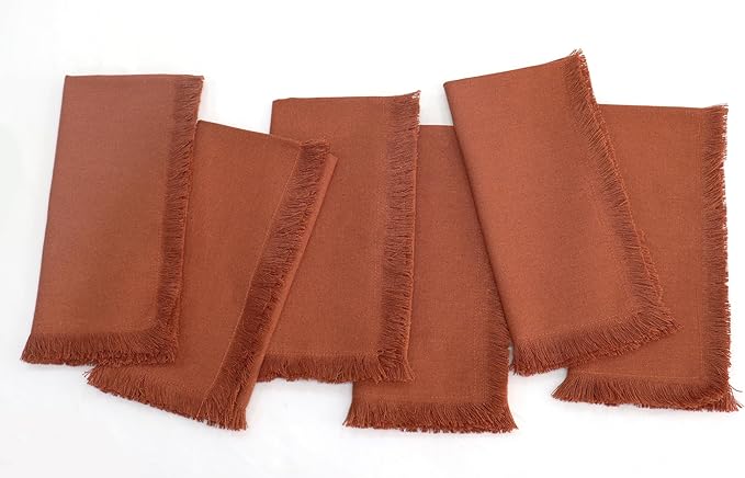 PurpleEssences Rust Cloth Napkins with Fringes, 100% Cotton Christmas Holiday Winter Table Decor, Set of 6 18x18 Inch Reusable Dinner Napkins for Parties and Weddings - Rust