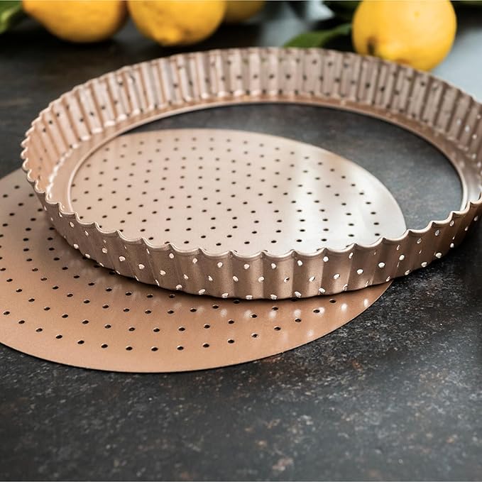 HAPPIELS Non-Toxic Nonstick 9-inch Tart Pan with Removable Bottom Perforated | Round Gold Quiche Pan