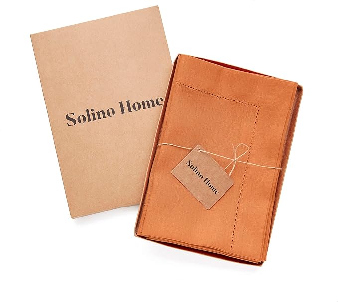 Solino Home Linen Napkins Set of 4 - Classic Hemstitch 100% Pure Linen Pumpkin Dinner Napkins Cloth 20 x 20 Inch for Fall, Autumn, Thanksgiving, Holiday - Handcrafted and Machine Washable