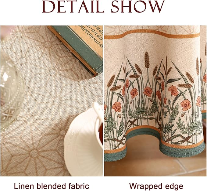 patdrea Designer Floral Linen Table Cloth Durable Breathable Tabletop Cover Dacorative Kitchen Dining Tablecloth for Round Tables for Kitchen Dining Parties,Holiday Christmas,Diameter 67"