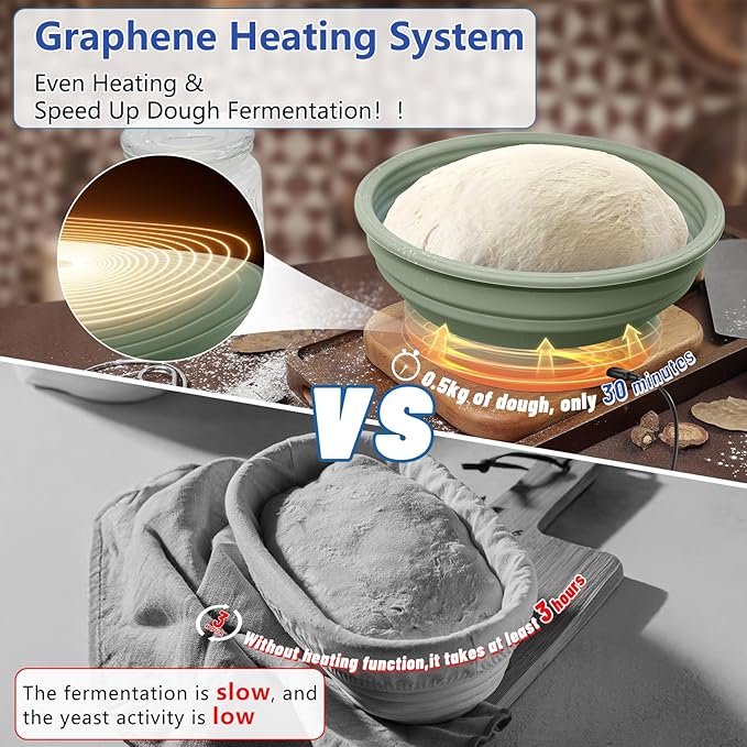 Electric Heating Bread Proofing Basket, Sourdough Starter Warmer - 4 Heat Settings, Foldable 9-Inch Sourdough Starter Kit, Silicone Banneton Basket-Multipurpose for Warming Pet Food, Green