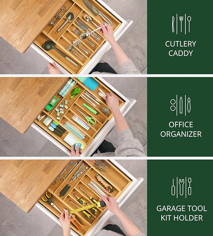 ROYAL CRAFT WOOD Luxury Bamboo Kitchen Drawer Organizer - Silverware Organizer, Utensil Holder & Cutlery Tray Drawer Dividers for Flatware (9 Slot, Natural)