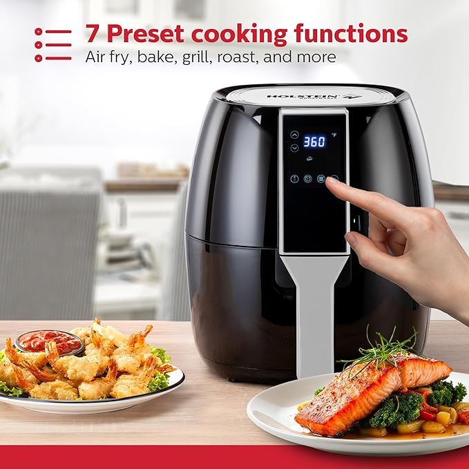 Holstein Housewares 3.7QT Digital Air Fryer. Hot Air Technology & PFOA Free Non Stick Coating for Less Oil Use with Led Display. 7 preset options, Air Fry, Bake, Grill, Dehydrate & roast. Black
