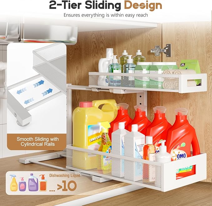 2 Pack 17IN Depth Under Sink Storage Organizer, Large 2-Tier Elegant Mesh Pull Out Shelf for Kitchen and Bathroom Cabinet Organization, L-Shaped and Adjustable Height Design-White