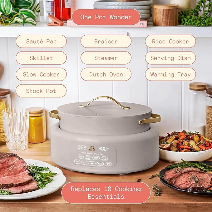 Beautiful 10-in-1, 6-Qt Electric Multi-Cooker | Programmable Touch Display | 7 Presets up to 400 °F | Sear Slow-Cook Steam Rice Warm | Oven-Safe Pot & Lid (Porcini Taupe)