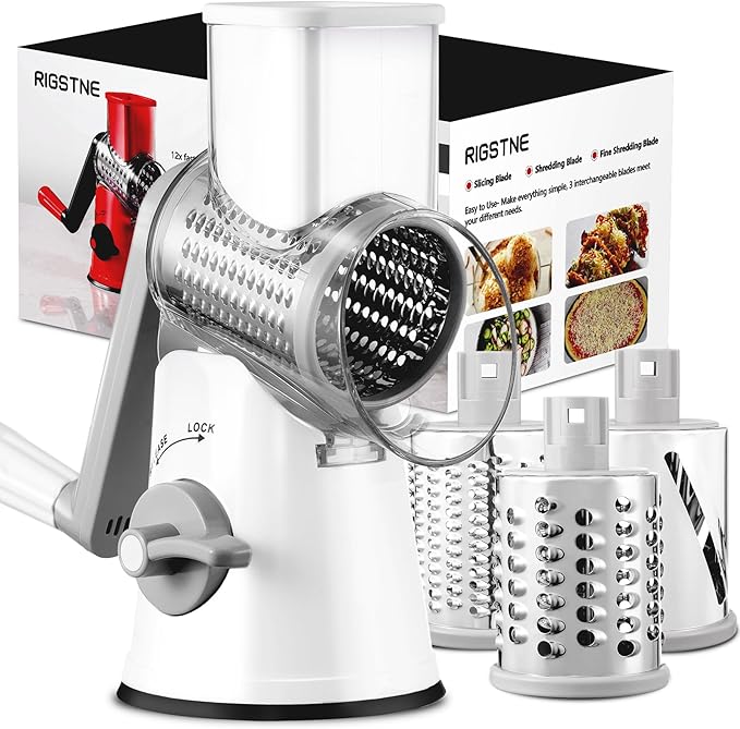 Rotary Cheese Grater, 3 in 1 Cheese Shredder Grater Rotary with Handle, Vegetable Mandoline Slicer Shredder for Vegetable, Cheese, Nut