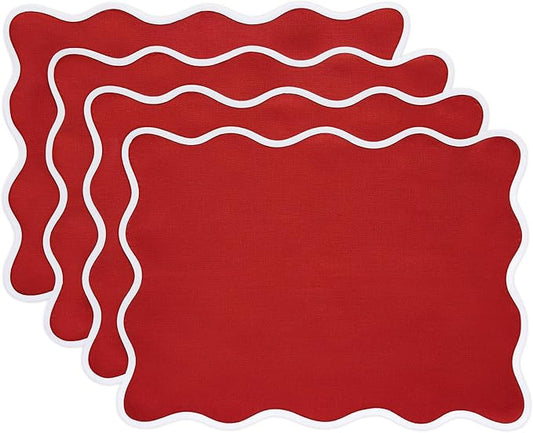 Solino Home Scallop Cloth Placemats Set of 4-100% Pure Linen Christmas Red Placemats 14 x 19 Inch - Giselle Scallop Edge, Handcrafted and Machine Washable