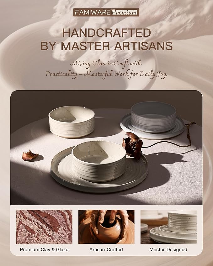 Stoneware Dinnerware Sets, Dish Set for 8, 24 Pieces Spiral Dishware Set with Straight Rim, Speckles & Reactive Glaze - Microwave and Dishwasher Safe Tableware, Shell Beige