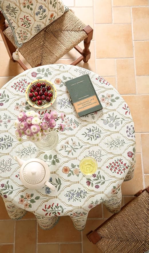 Floral Tablecloth for Round Tables,Linen Table Cloth with Colorful Flowers Pattern,Heavy Durable Table Cover for Dining Thanksgiving Kitchen Decor Party Christmas,Diameter 55"