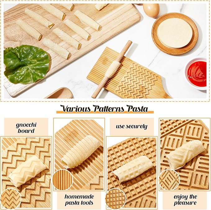 Tioncy 7 Pcs Pasta Making Tool Set Wood Gnocchi Board with Ravioli Stamp Ravioli Maker and Rolling Pin Homemade Gnocco Maker Kitchen Gift for Christmas Baking Lovers(Design Gnocchi Board Set)
