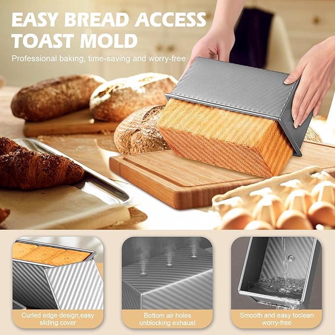 2.2lb Pullman Loaf Pan with Lid, Nonstick Carbon Steel Square Bread Pan for Baking Shokupan, Sandwich, Pain de Mie & Sourdough – Includes 6 Bonus Tools
