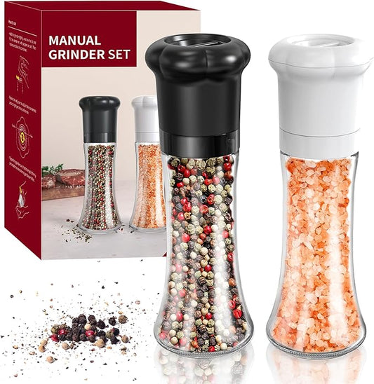 CIRCLE JOY Manual Salt and Pepper Grinder Set For Professional Chef, Refillable Salt and Pepper Shakers with Ceramic Blades, Adjustable Coarseness and BPA-free 180ml Glass Container, Tall Black White