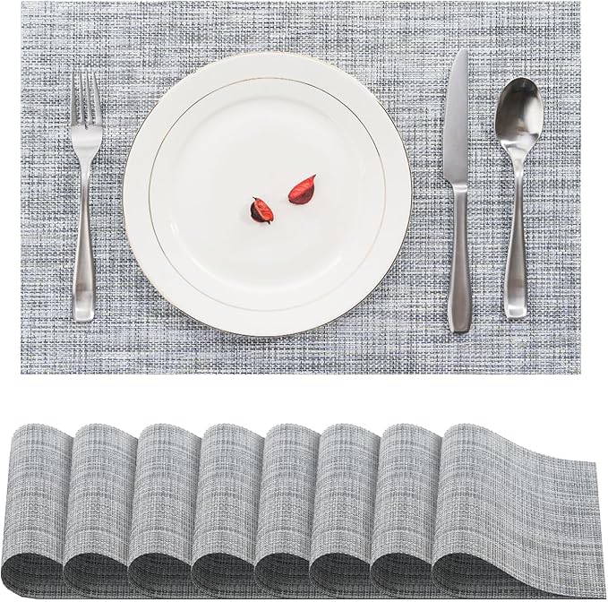 BACKTOEDEN Placemats Set of 8 Heat Resistant Washable Wipeable Placemat Woven Non-Slip Foldable Vinyl/Plastic Place Mats Indoor/Outdoor Mat Kitchen Dining Table Pad, Gray