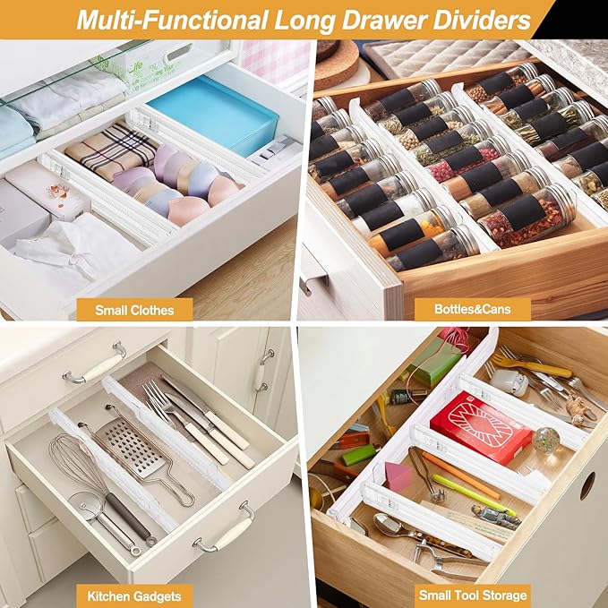 6 Pack Drawer Dividers for Clothes, 2.3" High 13"-21" Adjustable Drawer Dividers Expandable Dresser Drawer Organizer, Clear Drawer Separators for Clothes, Underwear, Cosmetic, Kitchen Utensils Storage