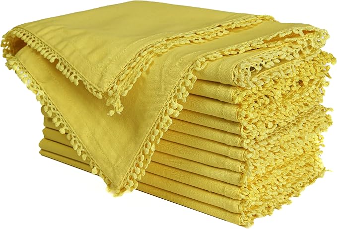 Bedding Craft Cotton Cloth Dinner Napkins Set of 12 – 18x18 Yellow with Decorative Lace Selvedge – Durable Machine Washable Fabric Napkins for Weddings, Baby Showers, Parties & Dining