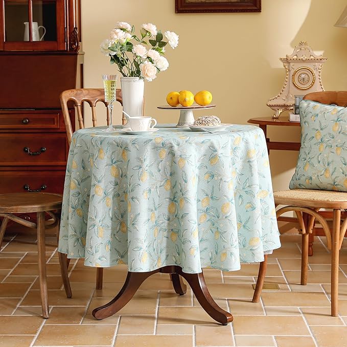 patdrea Designer Green Tablecloth for Round Tables,Vintage Linen with Yellow Fruits Pattern Tablecloths,Cottage Rustic Table Cover Cloth Decor for Kitchen Dining Christmas,Diameter 67"