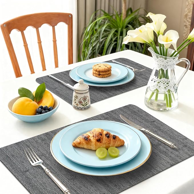 Vinyl Placemats Set of 6-12×17.7 Inch Waterproof & Heattable Placemats, Fall Faux Leather Wipeable Outdoor Table Mat for Dining, Kitchen, Indoor Outdoor Use (Grey, Wood Grain)