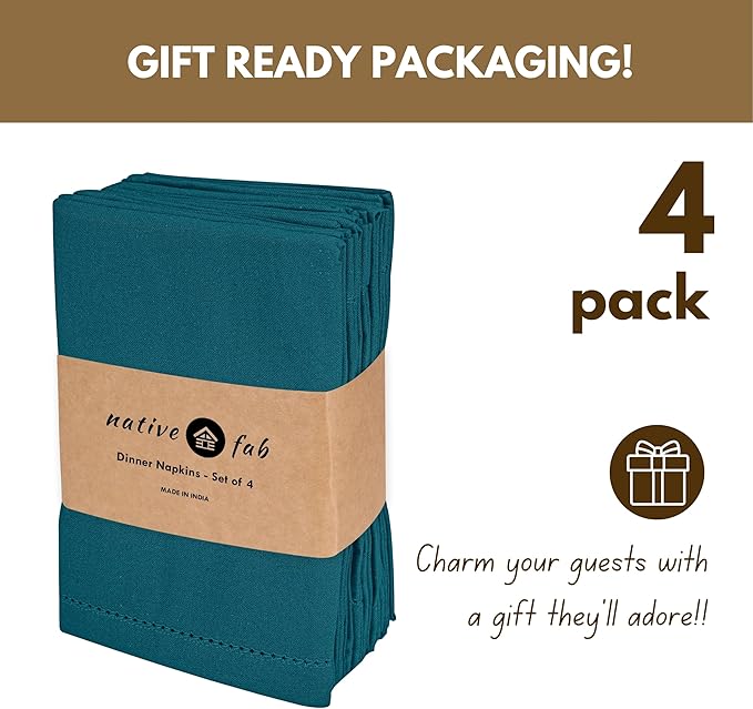 Native Fab Cloth Napkins Set of 4, 100% Cotton, Hemstitch Mitered Edges, Washable Fabric Napkins, 18x18 inch, Soft, Breathable, Reusable Hotel Quality Napkins for Events, Party, Dinner - Teal Green