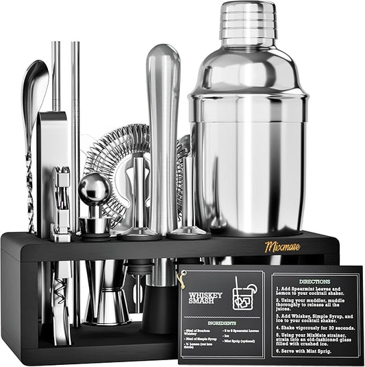 Mixology Bartender Kit with Stand - 15 Piece Bar Tool Set, Silver Bar Set Cocktail Shaker Set for Drink Mixing - Includes Martini Shaker, Jigger, Strainer, Bar Mixer Spoon, Tongs, Opener | Gift Idea