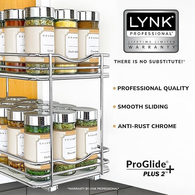 LYNK PROFESSIONAL® Pull Out Spice Rack Organizer for Inside Kitchen Cabinets - 6-3/8 inch Wide - Slide Out Drawer – Chrome Sliding Spice Cabinet Organization Shelf Racks - 2 Tier