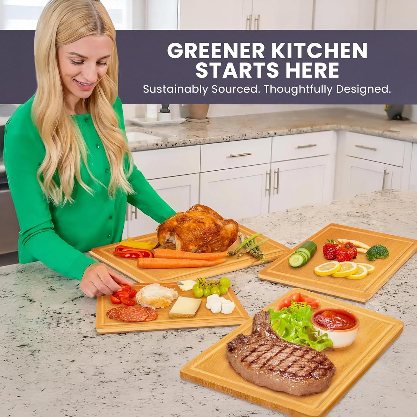 Extra Large Bamboo Cutting Board Set of 4 – Wood Cutting Boards for Kitchen with Glue-Free Surface™ & Juice Groove – Non-Toxic Wooden Chopping Boards, FSC-Certified, Durable Carving Boards - Rectangle