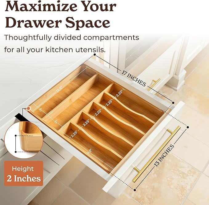 SMIRLY Silverware Drawer Organizer – Bamboo Kitchen Drawer Organizer, Adjustable Utensil Holder and Cutlery Tray, Drawer Dividers for Flatware and Kitchen Utensils