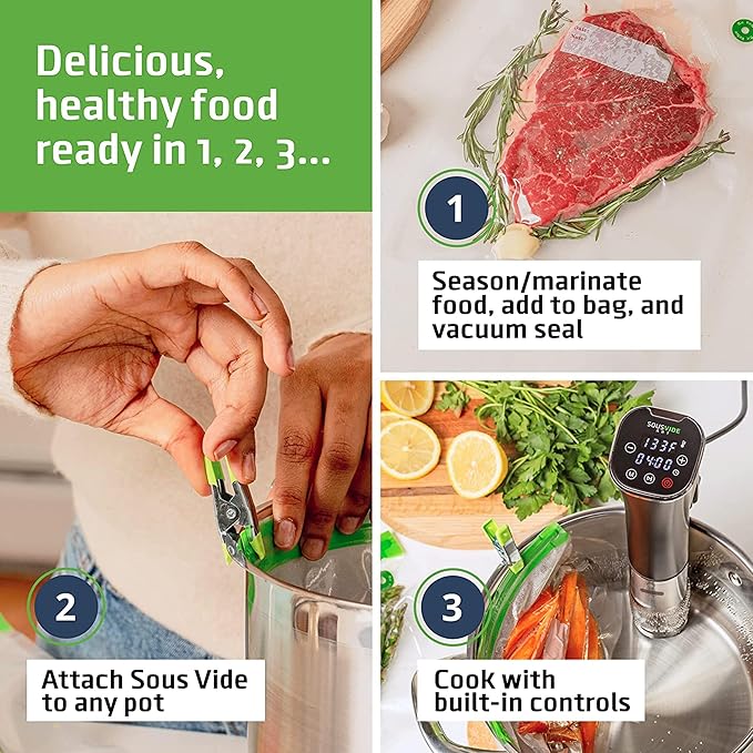 SOUSVIDE ART Sous Vide Immersion Cooker Kit - Machine with Digital Timer, Temp Control, 30 Bags, Vacuum Pump, Suvee Cooker Gift for Chefs