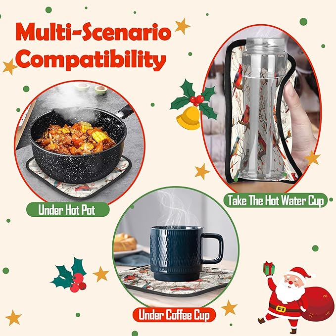 Oven Mitts Pot Holders Set 3 for Kitchen, Christmas Cardinal Insulation Oven Gloves Heat Resistant Pot Pads Cook Essentials Accessories for BBQ Baking Cooking Kitchen Decor Gifts for Women