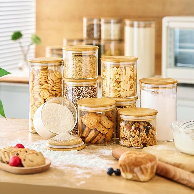 45oz - 3 Pack Glass Jars with Bamboo Lids, Glass Pantry Storage Containers with Airtight Lids, Round Air Tigh Food Storage Canisters for Cereal, Pasta, Flour, Sugar, Rice, Best for Kitchen Organizer