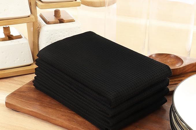PurpleEssences Waffle Weave Kitchen Towel, 100% Cotton - 15x25 Inches, with Hanging Loop Ultra Soft Absorbent Quick Drying Dish Cloth, Tea and Hand Towels, 6 Pack - Christmas Holiday Winter - Black