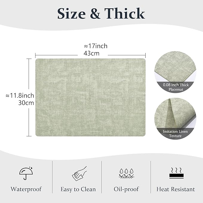 FROMHEART Faux Leather Placemats Set of 12–Waterproof,Heat/Oil Stain-Resistant PU Table Mat–Reversible,Non-Slip,Easy to Clean Place Mats for Kitchen,Dining,Indoor/Outdoor,(Light Green,11.8" x 17")
